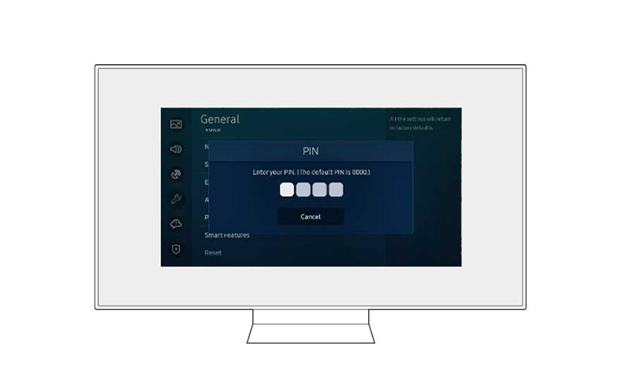 Witte TV toont instellingenscherm met PIN-invoerveld, vier lege vakjes voor cijfers en "Cancel" knop in donkerblauw menu-interface.
