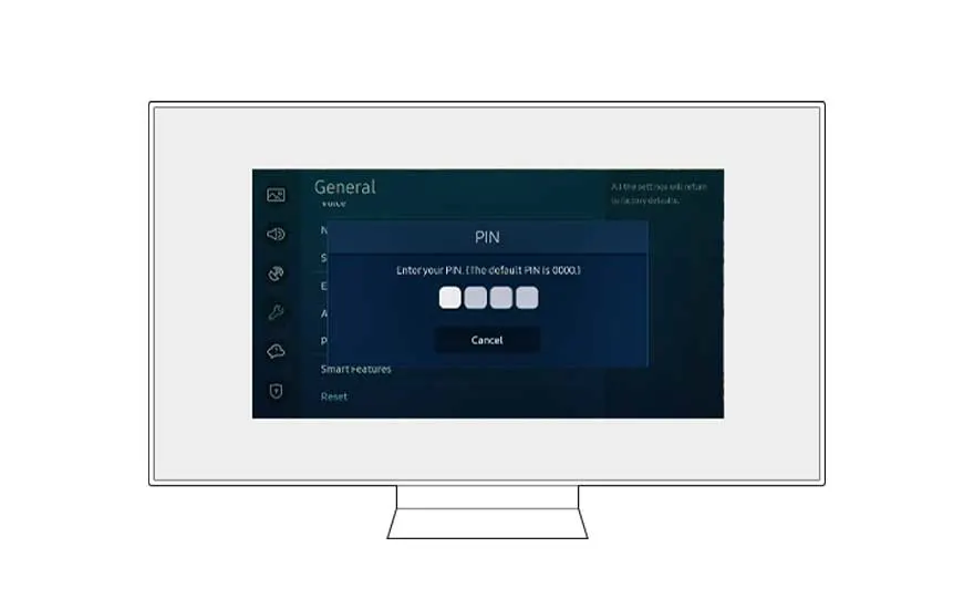 Witte TV toont instellingenscherm met PIN-invoerveld, vier lege vakjes voor cijfers en "Cancel" knop in donkerblauw menu-interface.