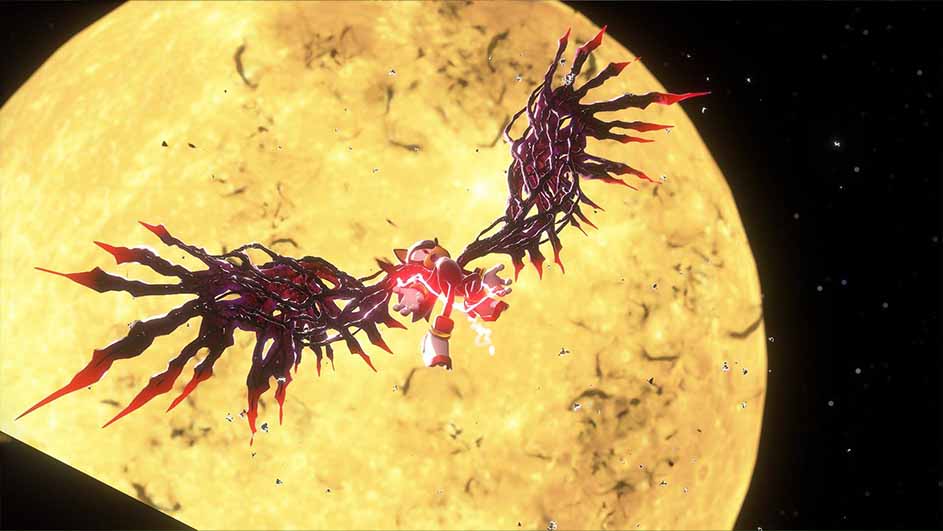 Een rood en wit figuur vliegt met zwarte vleugels voor een grote, gele maan tegen een zwarte, sterrenhemel.