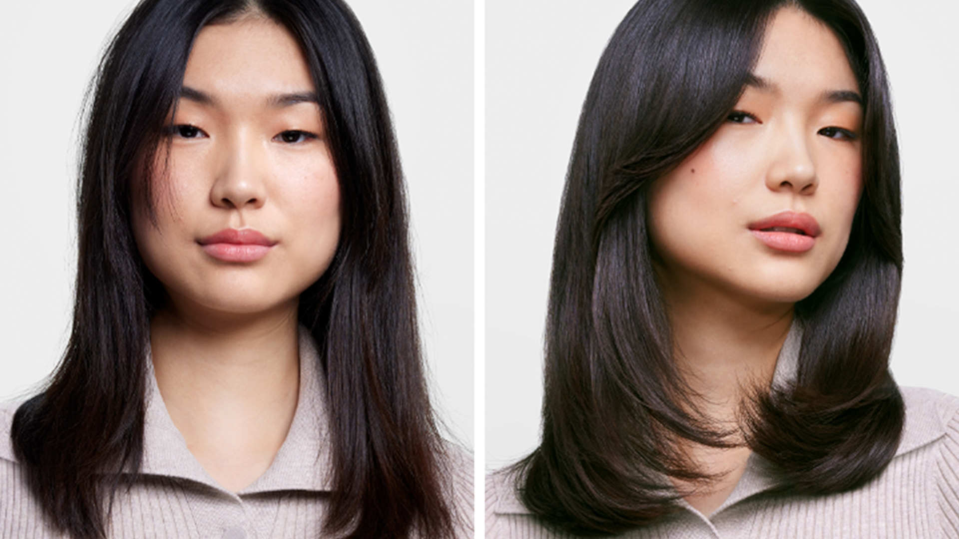 Voor-na vergelijking van donker haar: links recht en eenvoudig, rechts met meer volume en gestyled.