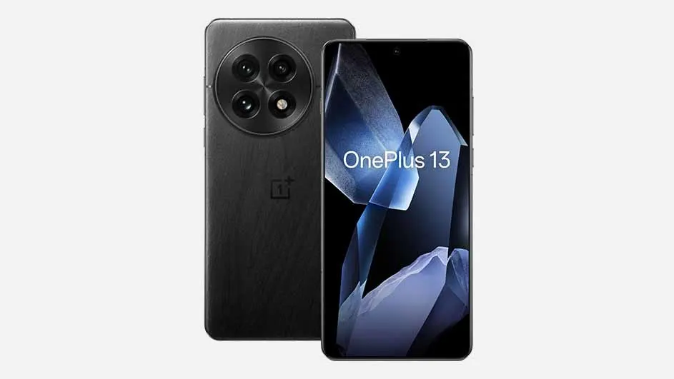 Two black smartphones are displayed. The phone on the left shows a circular camera array. The right phone displays 'OnePlus 13' on its screen.