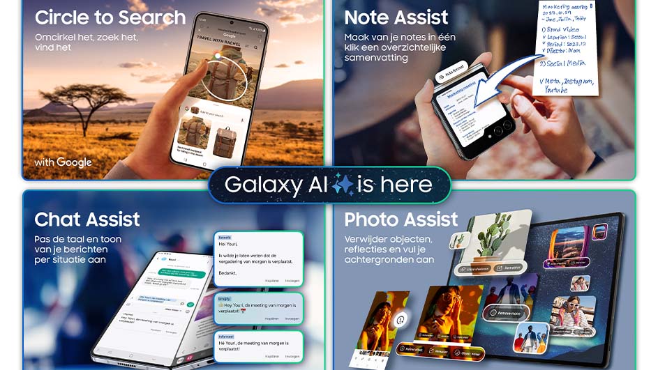 Vierkante advertentie toont functies van Galaxy AI, waaronder Circle to Search, Note, Chat en Photo Assist. Telefoons en tablets worden weergegeven.