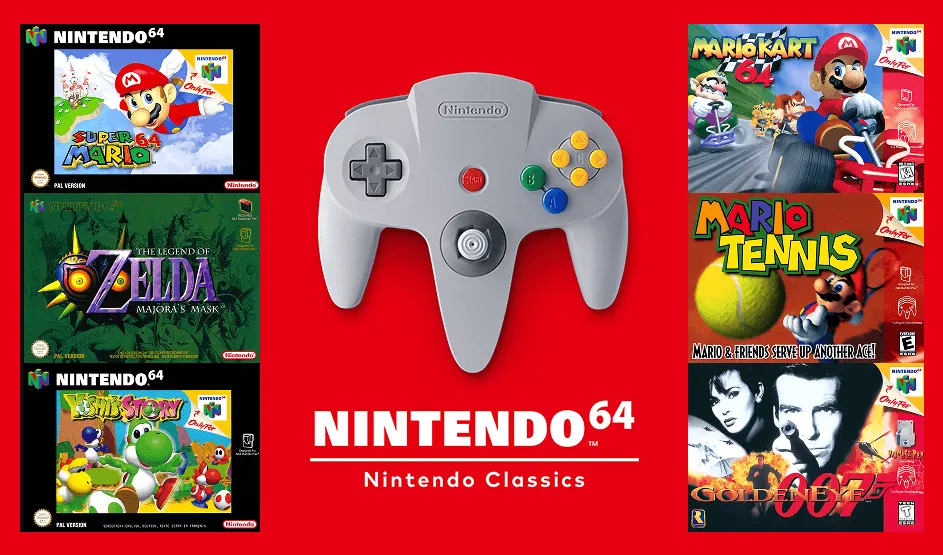 Op een rode achtergrond staat een grijze Nintendo 64-controller, omringd door klassieke Nintendo 64-games en het Nintendo-logo.