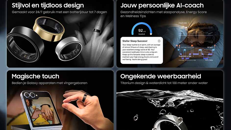 Vier panelen tonen een slimme ring in zwart, goud, zilver, en in gebruik bij slaapmonitoring, telefoonbediening en onder water.