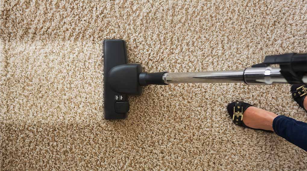 Een stofzuiger met een zilveren buis en een zwarte kop wordt over een beige tapijt bewogen, met een voet zichtbaar.