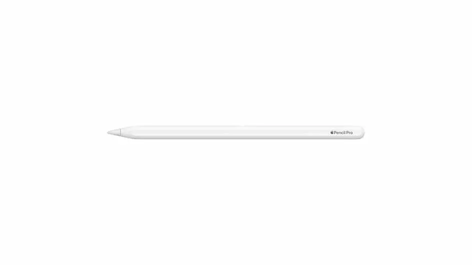 Een witte Apple Pencil Pro ligt horizontaal tegen een witte achtergrond.