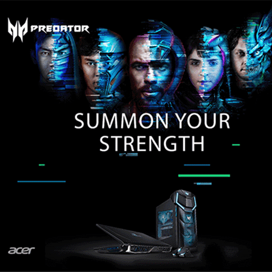 Acer Predator-reclame: mensen met blauwe accenten, laptop, pc-toren en muis op een zwarte achtergrond. "Summon Your Strength" tekst.