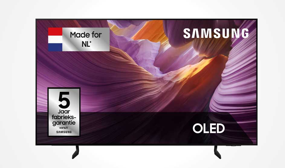 A Samsung OLED television shows a purple rocky landscape, with labels for the Netherlands and a five-year warranty.