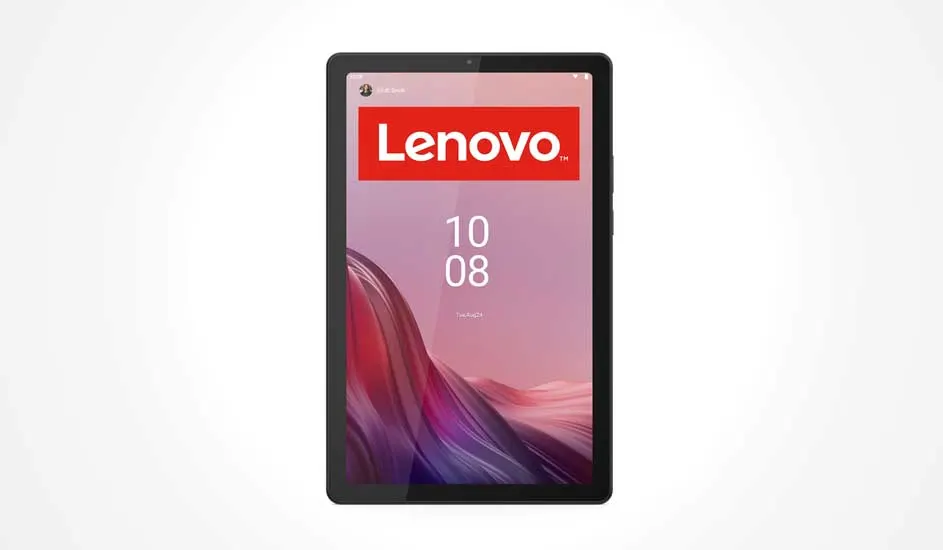 Op de afbeelding zie je een Lenovo tablet met een zwart frame en kleurrijk scherm, waarop groot het Lenovo logo te zien is. Merknaam: Lenovo.