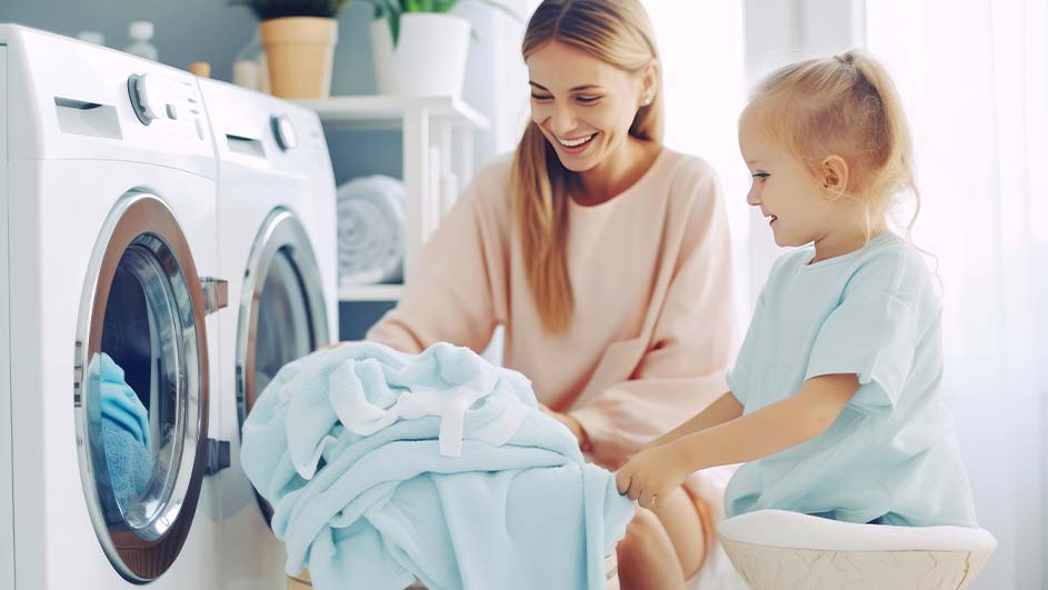 Vrouw en kind bij wasmachines met blauwe was. Plank met potplanten op de achtergrond.