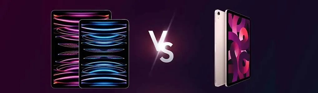 Links de iPad Pro, rechts de iPad Air, met een "VS"-teken ertussen voor vergelijking.