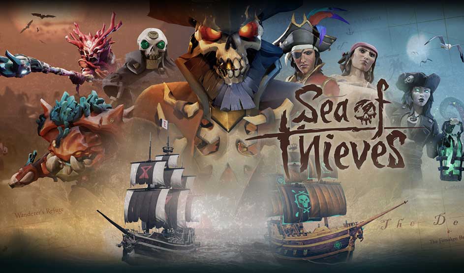 Op de afbeelding staan piratenschepen, skeletten en kleurrijke zeewezens met centraal het Sea of Thieves-logo van Rare.