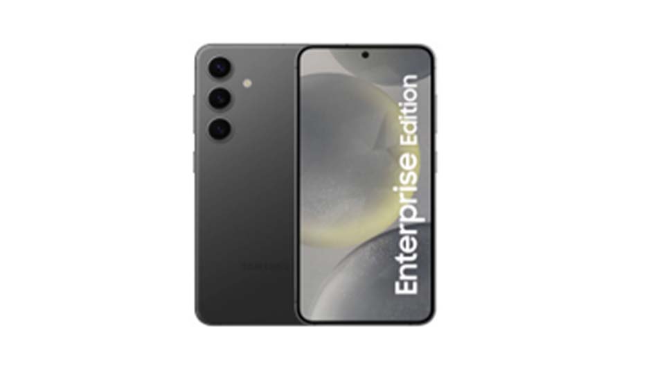 Een grijze smartphone, achterkant links met drie camera's, scherm rechts met "Enterprise Edition" erop.