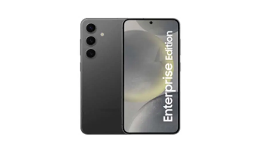 Een grijze smartphone, achterkant links met drie camera's, scherm rechts met "Enterprise Edition" erop.