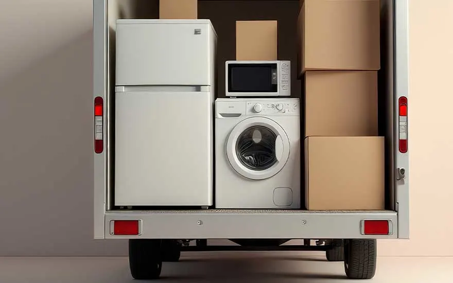 Achterkant van een vrachtwagen gevuld met koelkast, wasmachine, magnetron en opgestapelde dozen, klaar voor transport.