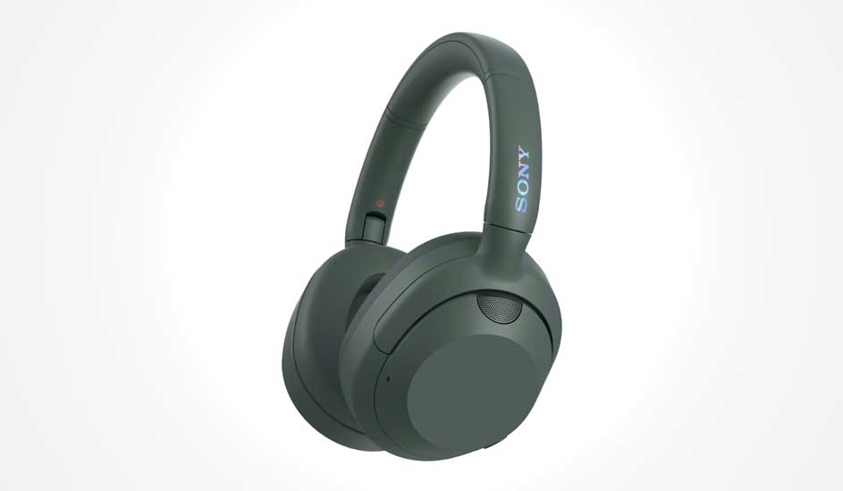 Matte dark green over ear wireless headphones with plush earcups and curved headband, angled slightly, SONY logo glowing subtly on the side.