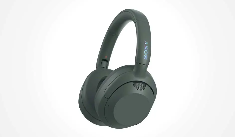 Matte dark green over ear wireless headphones with plush earcups and curved headband, angled slightly, SONY logo glowing subtly on the side.
