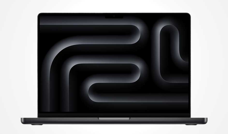 Laptop recht van voren, scherm met donkergrijs tunnelachtig patroon op zwarte achtergrond, slanke rand en kleine inkeping bovenaan.