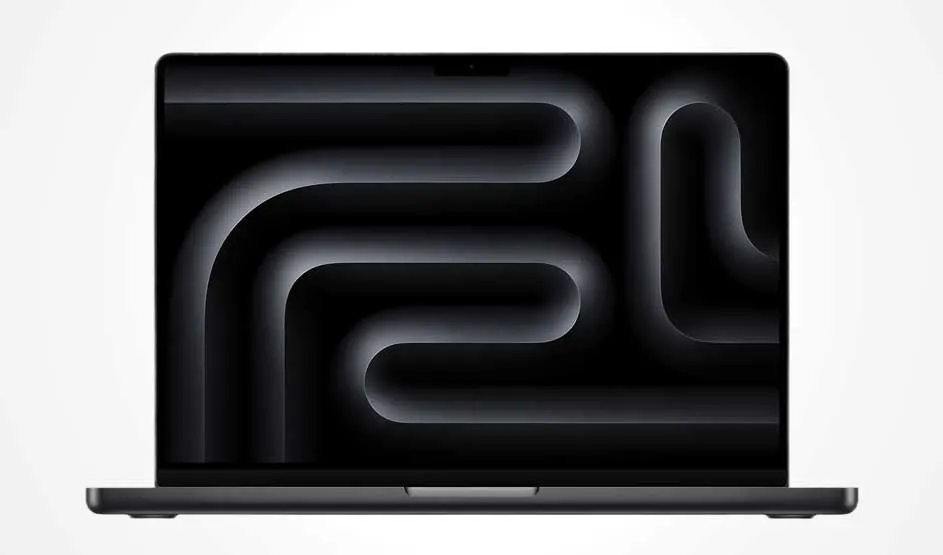 Laptop recht van voren, scherm met donkergrijs tunnelachtig patroon op zwarte achtergrond, slanke rand en kleine inkeping bovenaan.