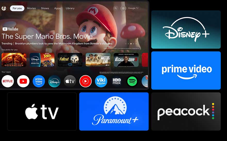 Google TV home screen with various streaming service logos.