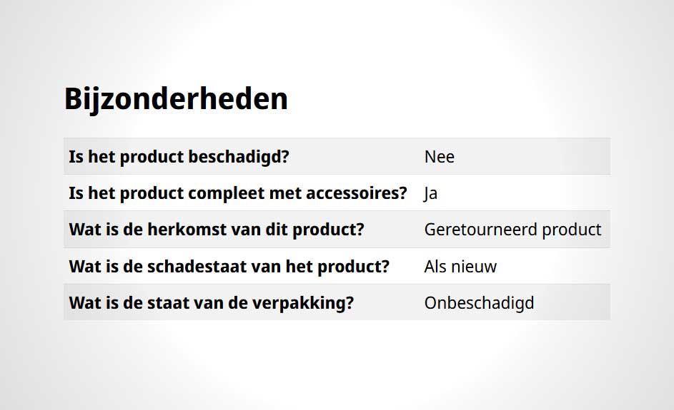 Tekst toont productdetails: niet beschadigd, compleet met accessoires, geretourneerd, als nieuw, onbeschadigde verpakking.