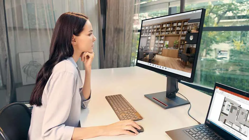 Vrouw zit aan bureau met een computer, toetsenbord en muis. Op het scherm is een interieur te zien.