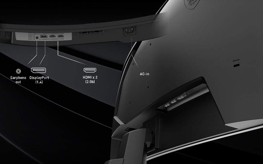 Close-up of a curved monitor shows ports for earphone, DisplayPort, two HDMI sockets and AC-in, all clearly labelled.