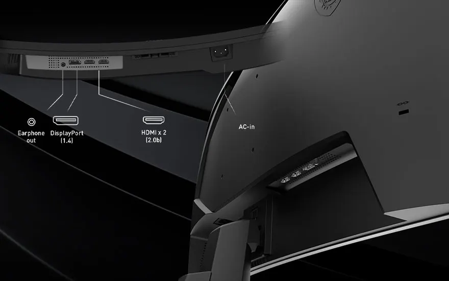 Close-up of a curved monitor shows ports for earphone, DisplayPort, two HDMI sockets and AC-in, all clearly labelled.