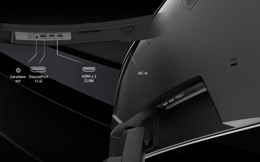 Close-up van de aansluitingen van een gebogen monitor, met verschillende poorten zoals USB, HDMI en stroomvoorziening zichtbaar.