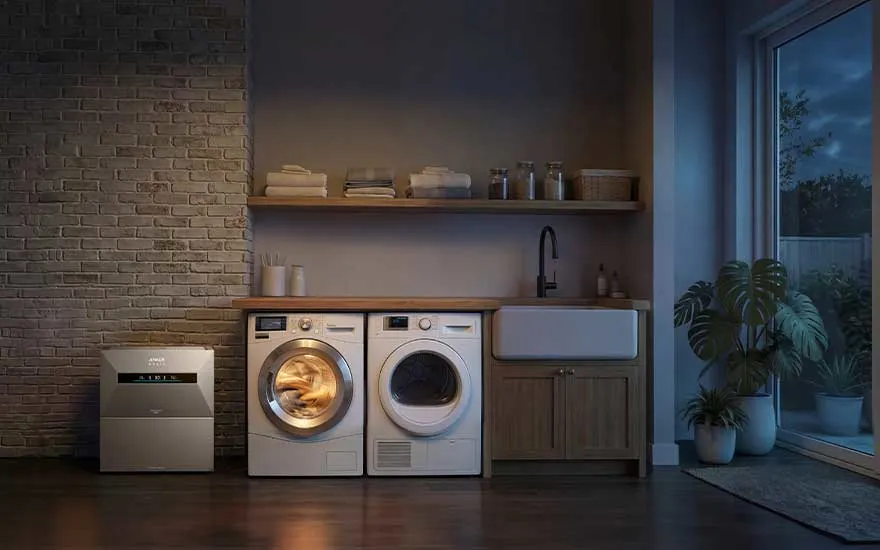 Wasruimte 's nachts met wasmachine en droger onder houten plank, bakstenen muur, wasbak en plant bij raam.