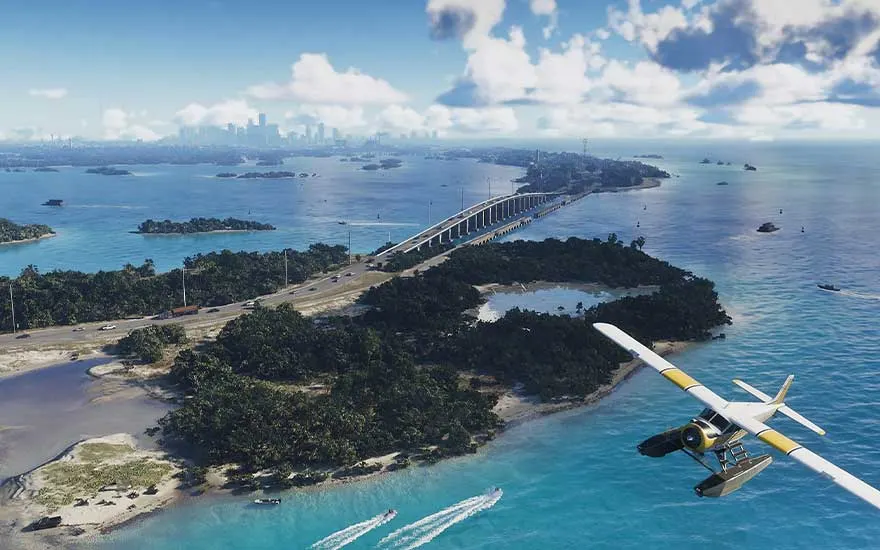 A seaplane soars above turquoise waters, passing islands and a long bridge with a distant city skyline ahead.