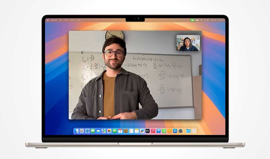 MacBook displaying video call with man teaching maths at whiteboard and student in small window at top right