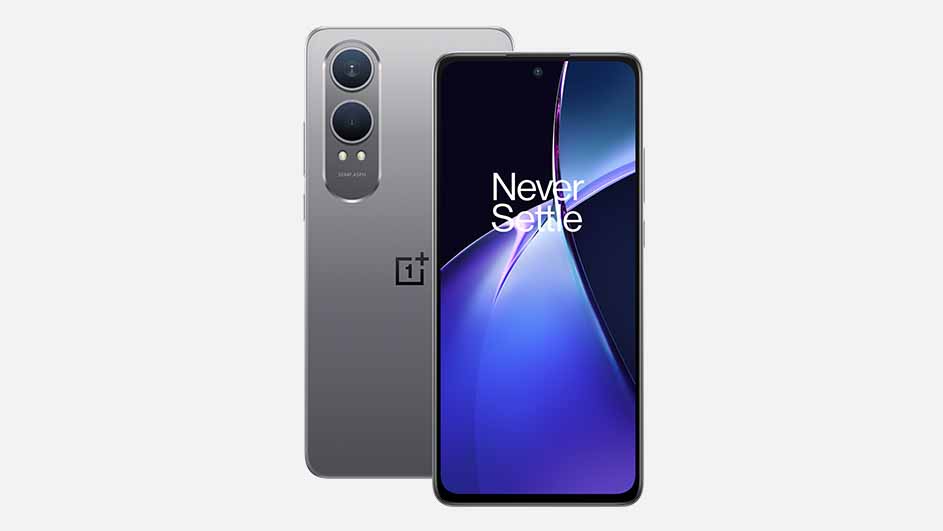 Twee grijze smartphones, één met een scherm met de tekst 'Never Settle', de ander toont camera's en het OnePlus-logo.