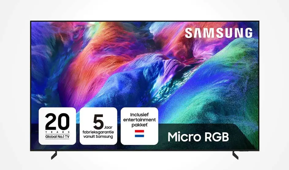 A Samsung television shows colourful abstract shapes, with labels for warranty and an entertainment package.