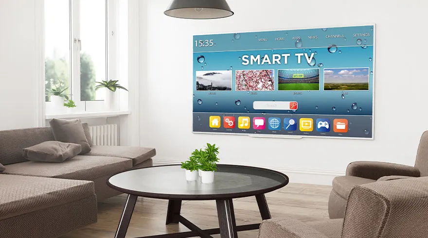 Woonkamer met een grijze bank, stoel, ronde tafel met planten en een Smart TV aan de muur.