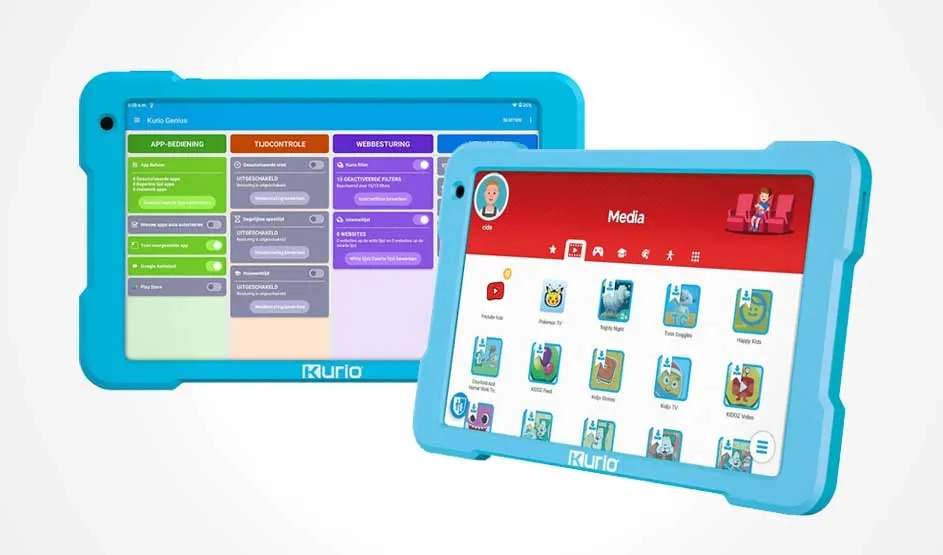 Two blue Kurio tablets with child-friendly apps and settings are shown. The Kurio brand is clearly visible on both tablets.
