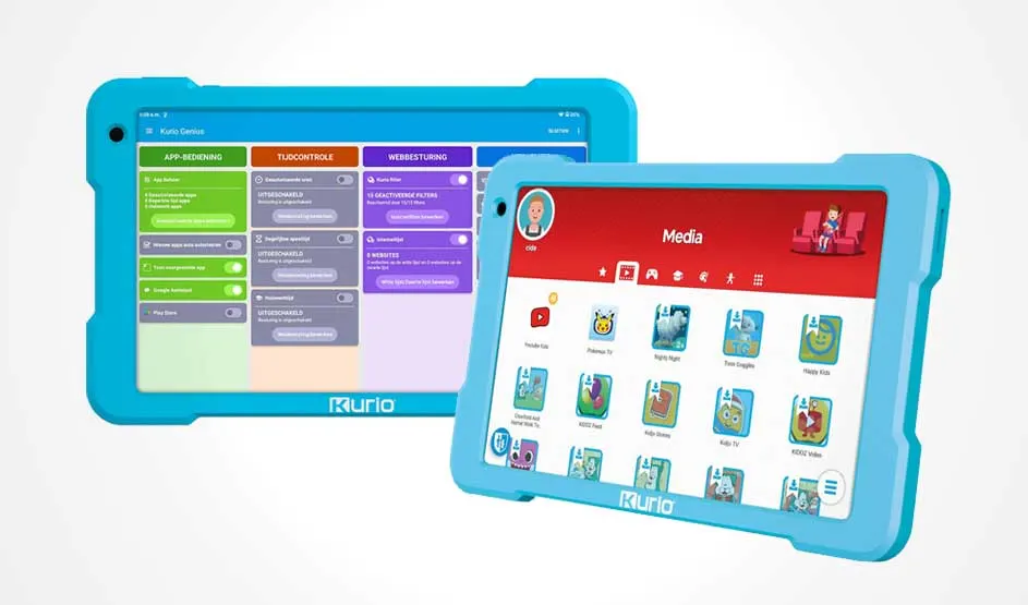 Twee blauwe Kurio tablets met kindvriendelijke apps en instellingen worden getoond. Het merk Kurio staat duidelijk zichtbaar op beide tablets.