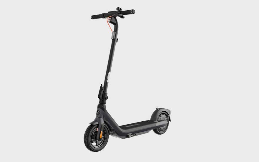 A modern black electric scooter with an orange brake cable, compact wheels, and a minimalist design for practical mobility.