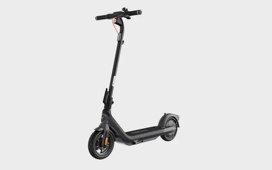 A modern black electric scooter with an orange brake cable, compact wheels, and a minimalist design for practical mobility.