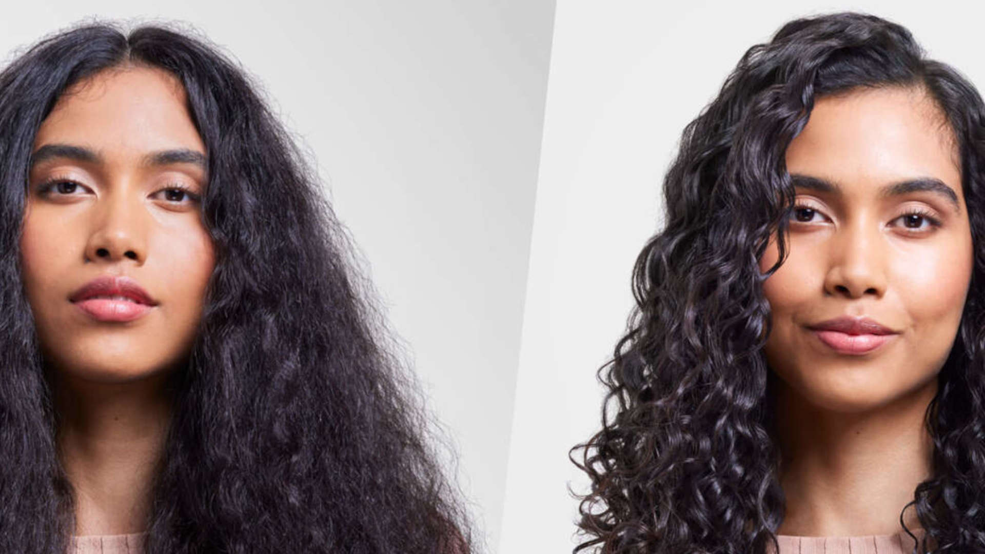 Een vrouw met haar voor en na een behandeling. Links is het haar steil, rechts krullend, tegen een witte achtergrond.