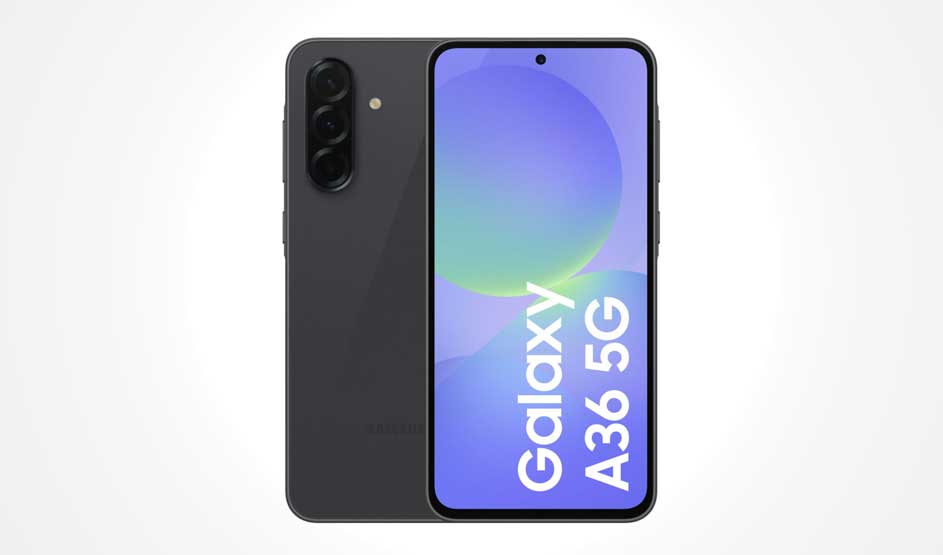 Dark grey Samsung Galaxy A36 5G, large blue-purple screen with branding, rear shows vertical triple camera and circular flash.