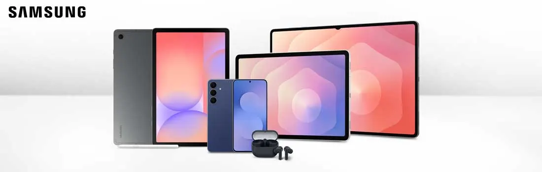 Op een witte achtergrond staan drie tablets, een smartphone en draadloze oordopjes, allemaal netjes naast elkaar opgesteld.