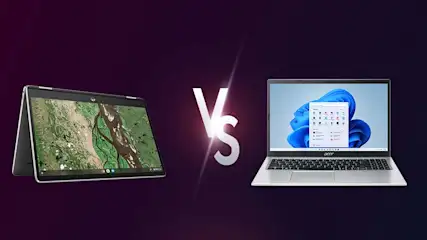 Twee laptops staan tegenover elkaar met een "versus" symbool ertussen op een paarse achtergrond.