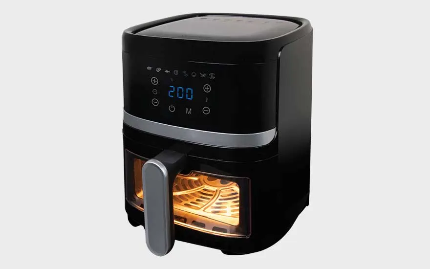 A black air fryer with a digital display and illuminated drawer is cleanly presented on a white background.
