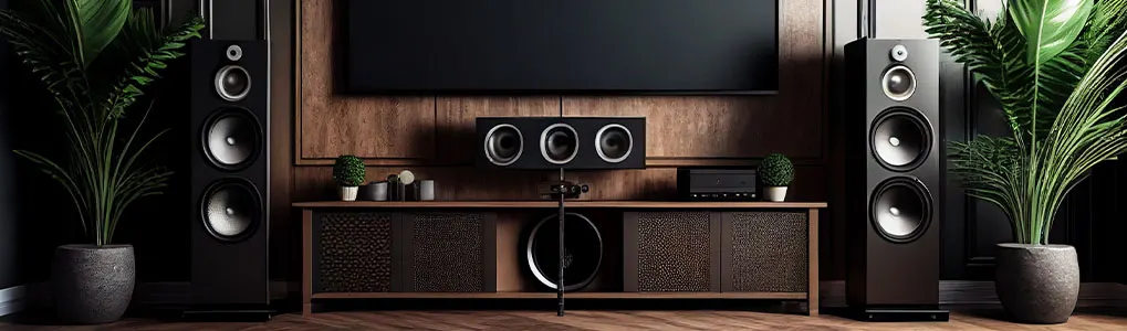 Een stijlvolle woonkamer met grote speakers, een tv aan de muur, planten in potten en een modern tv-meubel van hout.