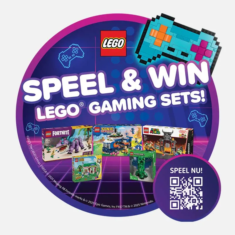 Ronde promo-afbeelding met neon game-achtergrond, LEGO-logo en grote tekst “Speel & Win LEGO Gaming Sets!”. Onderaan staan doosafbeeldingen van LEGO Fortnite, Sonic the Hedgehog, Super Mario, Animal Crossing en Minecraft. Rechts een QR-code met “Speel nu!” en bovenaan een pixelachtige gamecontroller.