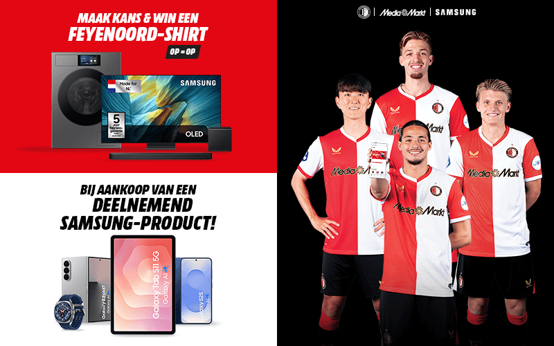 Actieposter: maak kans op een Feyenoord‑shirt bij aankoop van geselecteerde Samsung‑producten; links staan diverse Samsung toestellen, rechts vier voetballers in rood‑witte tenues poseren met een bal en beker.