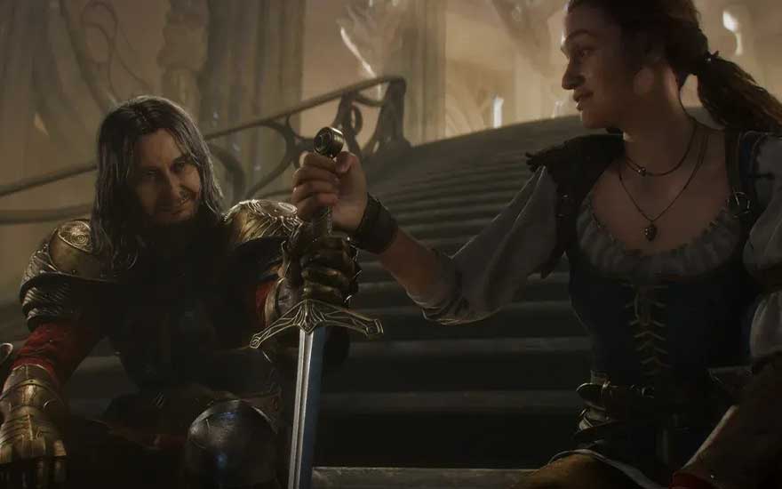 On wide palace steps, richly decorated, a young woman smiles as she hands a sword to an armoured man with long dark hair.