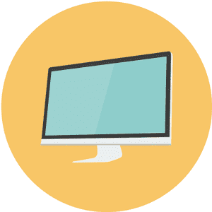 Een computerscherm met een blauw scherm en een witte voet, geplaatst voor een gele cirkel.