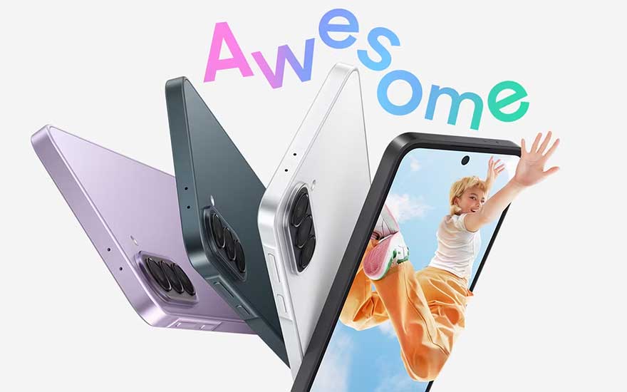 Drie kleurrijke Galaxy-smartphones waaieren uit, tonen slanke randen en grote camera-eilanden, op de voorkant springt een springend kind.
